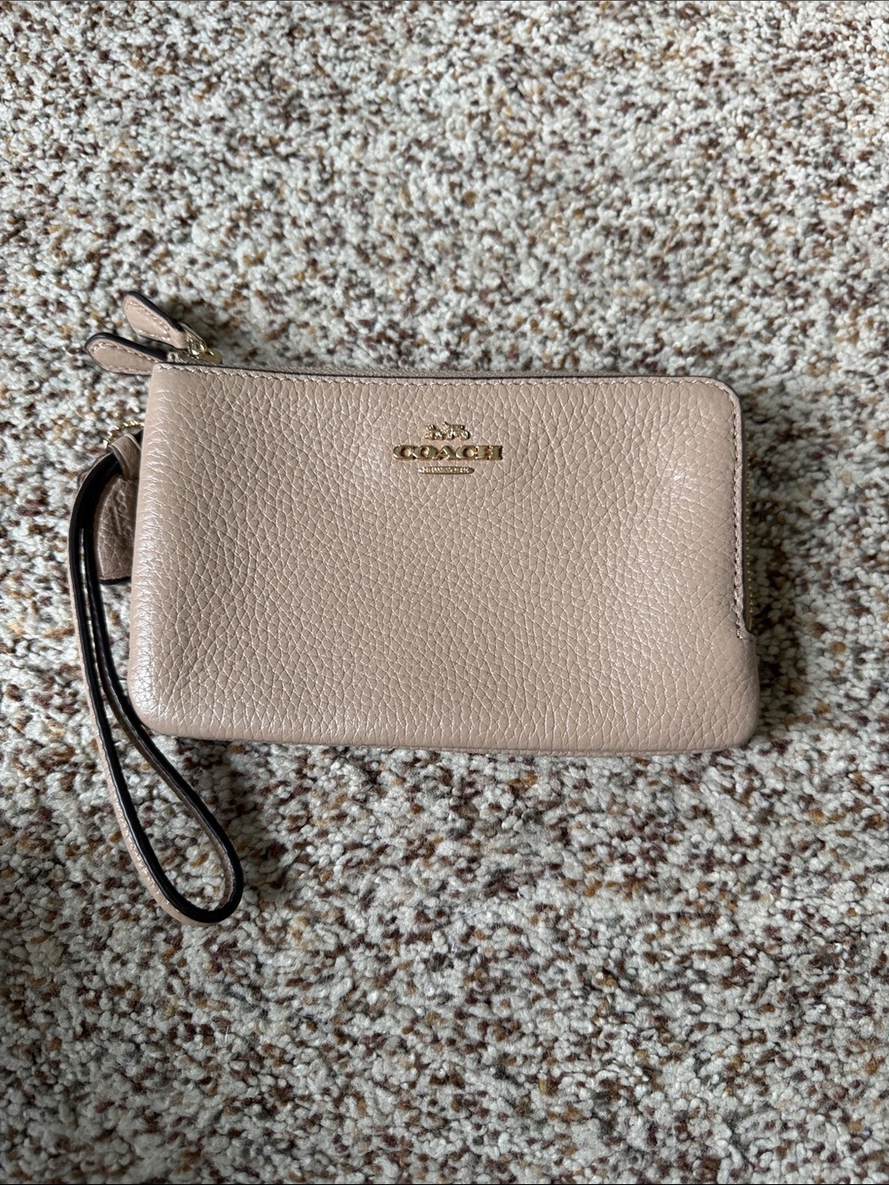Coach Pebbled Leather Wristlet in Beige Taupe with Gold Logo